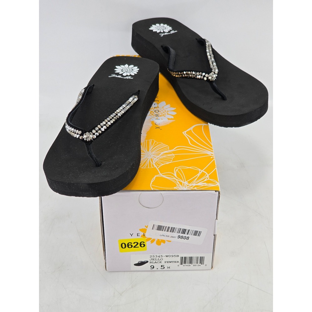 Yellow Box Jello Sandals Womens 9.5 Black Pewter Rhinestone Wedge - Excellent